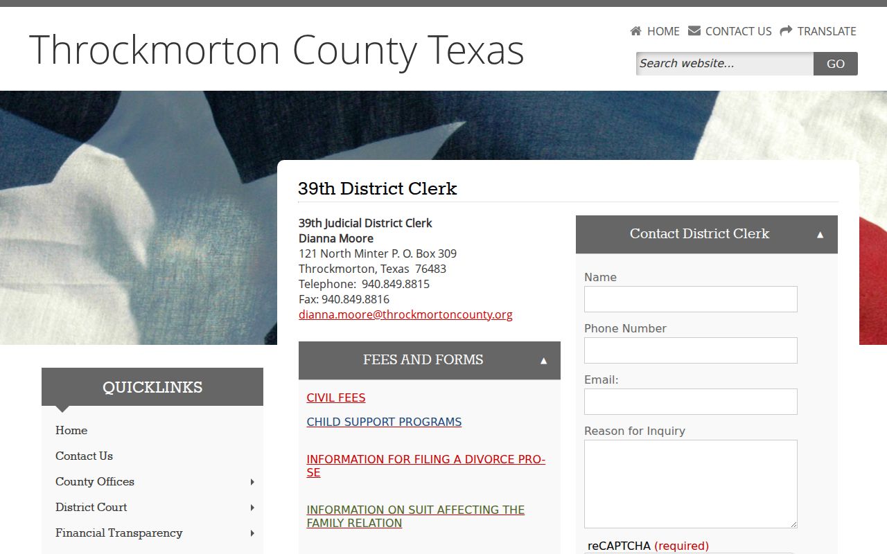 Throckmorton County criminal docket District Clerk page
